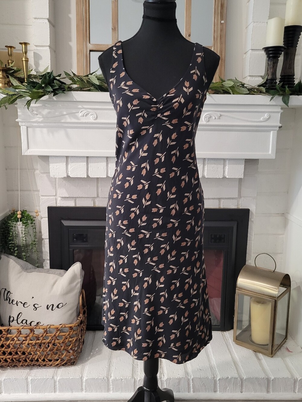 Vintage INC International Concepts Black Silk Midi Dress with Beige Leaf Print 2